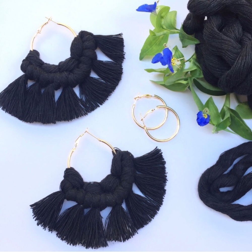 Handmade Macrame Black Fringe Hoop Earrings -with Gold Hoops